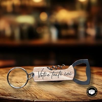 Ouvre bouteille avec tire bouchon, canif et porte-clés à personnaliser avec votre texte.
