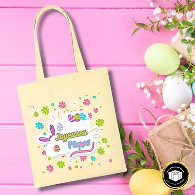 Tote bag beige épais Joyeuses Pâques pour la récolte  des oeufs ou pour mettre vos cadeaux.