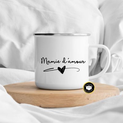 Mug mamie d'amour Mug émaillé blanc avec bord argenté pour les mamies