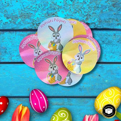 Grande étiquette autocollante holographique sur le thème de pâques. A coller sur vos cadeaux ou tout autre support. 