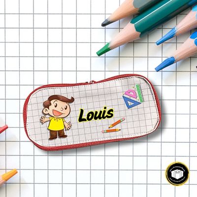 Trousse à crayons petit garçon école Trousse à crayons en vrac rouge avec tirette pour garçon personnalisé sur le thème de l'école avec le prénom.