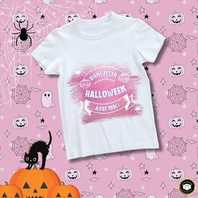 T-shirt unisexe blanc non transparent S - M - L - XL viens fêter Halloween avec moi rose.