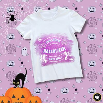 T-shirt unisexe blanc non transparent S - M - L - XL viens fêter Halloween avec moi mauve.