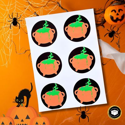 Étiquettes chaudron Halloween Très grande étiquettes autocollantes de 8 cm de diamètre chaudron Halloween.