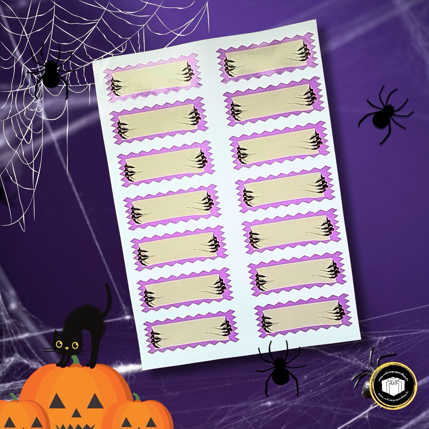 Étiquettes autocollantes de 9 x 3 cm griffes d'Halloween. A coller sur n'importe quesl supports propres et rigides.