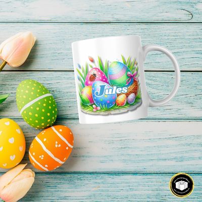 Mug de Pâques bleu à personnaliser avec un prénom