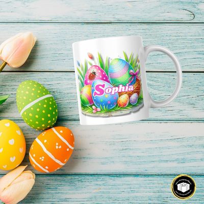 Mug de Pâques rose à personnaliser avec un prénom