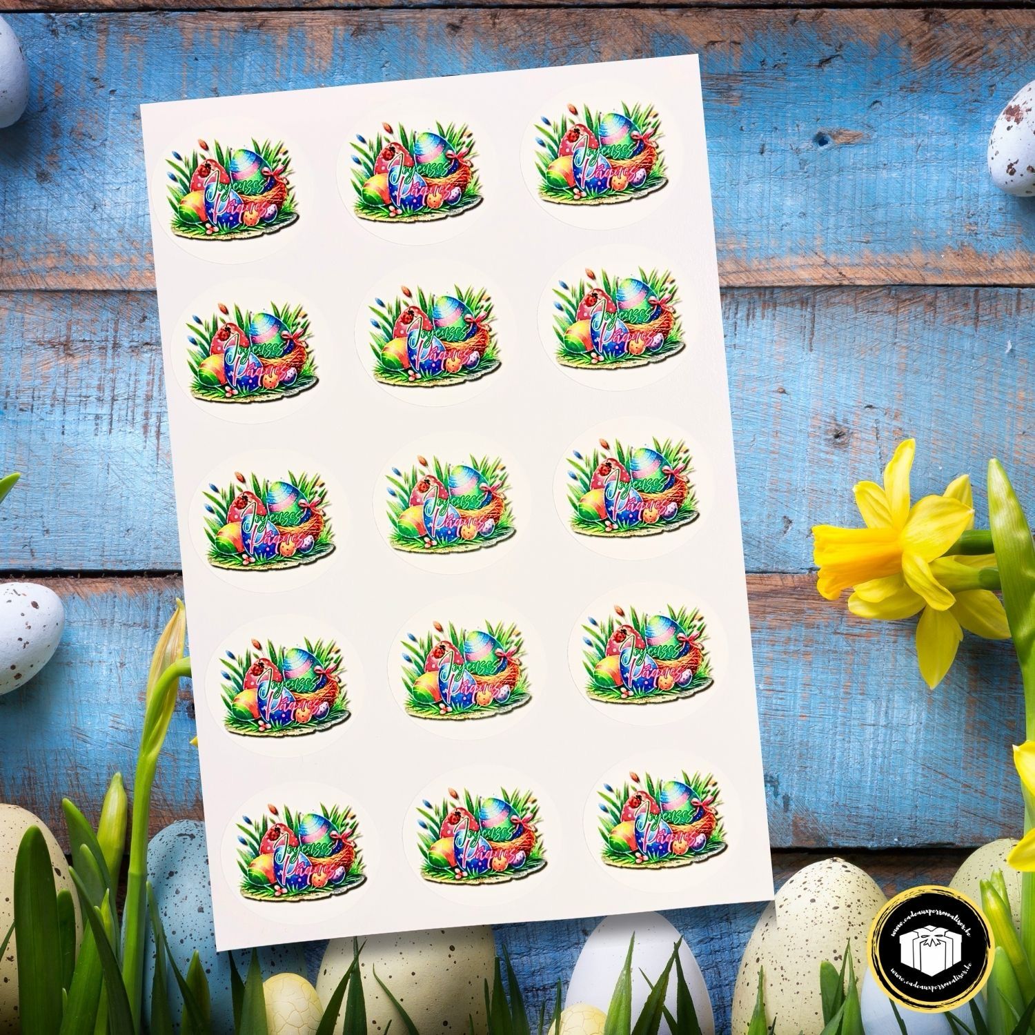 Étiquette autocollantes pour Pâques pour vos cadeaux et cartes. Dimension 5,5 cm de diamètre.