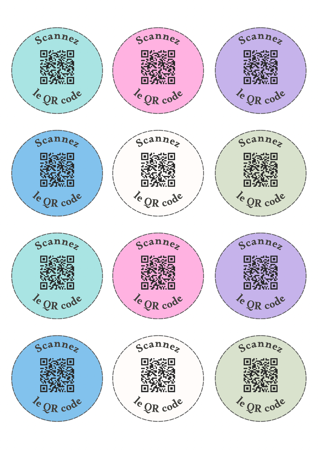 Étiquettes à personnaliser avec votre QR code. Disponibles en plusieurs couleurs. Personnalisables avec votre texte.