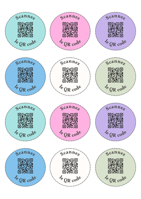 Étiquettes à personnaliser avec votre QR code. Disponibles en plusieurs couleurs. Personnalisables avec votre texte.