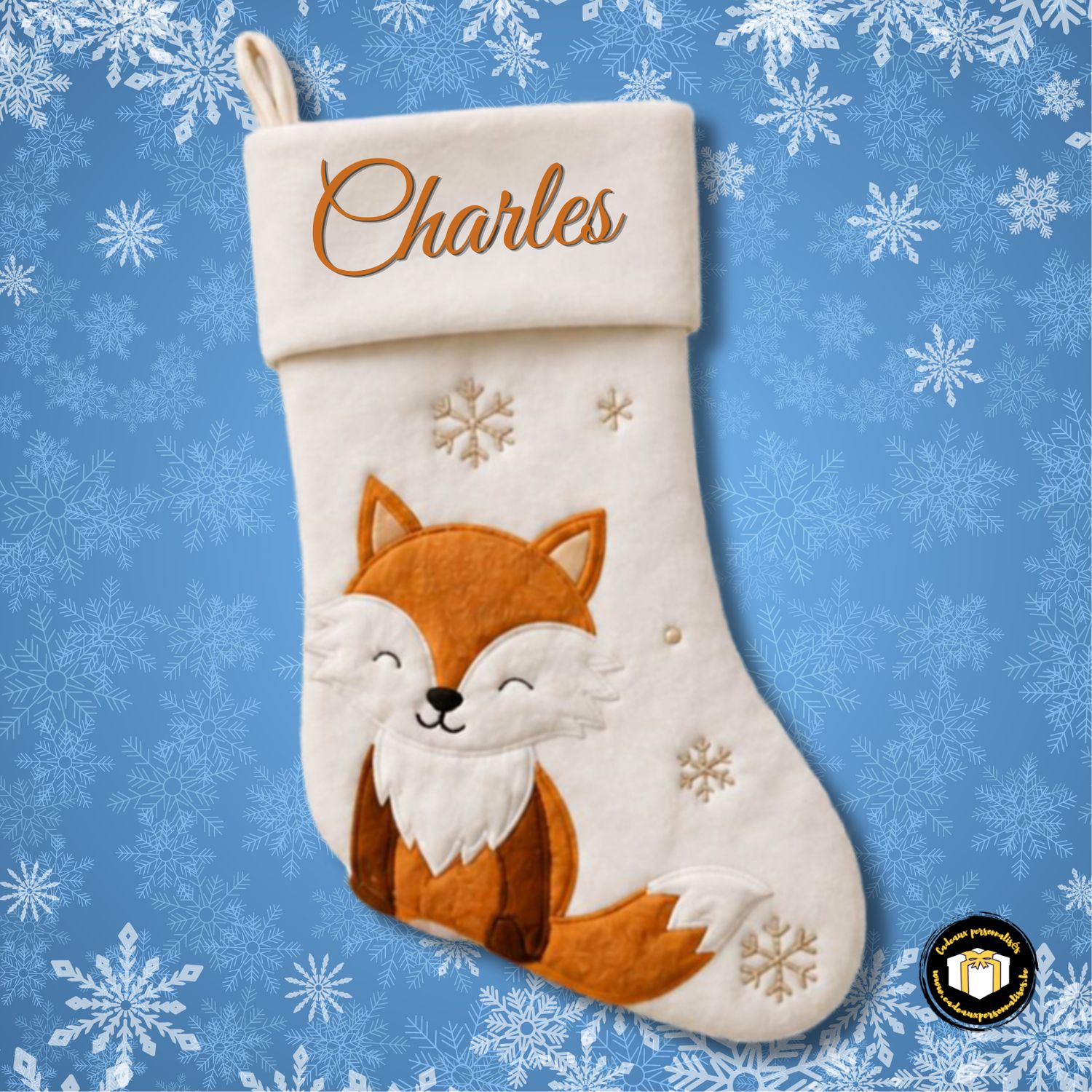 Chaussette de Noël beige personnalisée avec prénom – Motif renard
