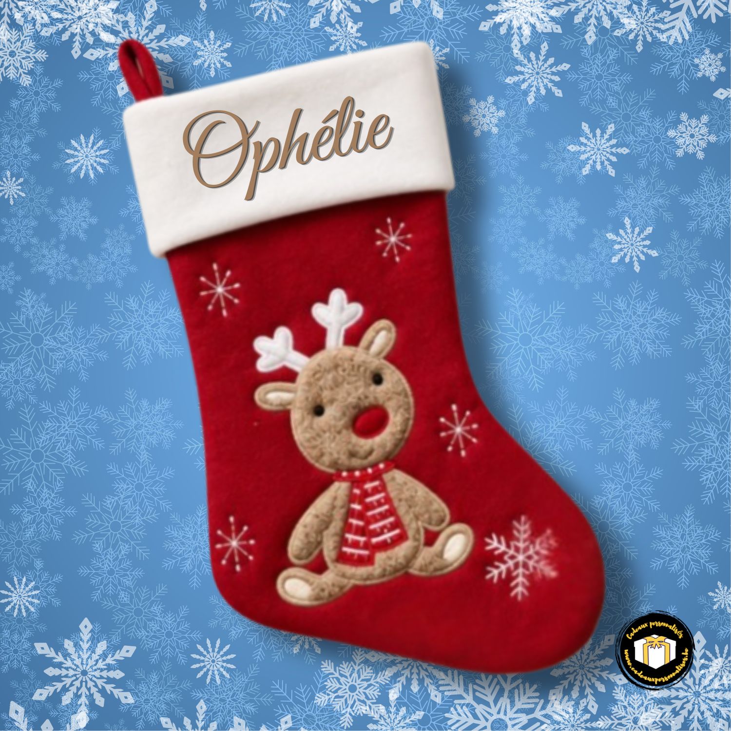 Chaussette de Noël rouge avec renne personnalisée avec prénom