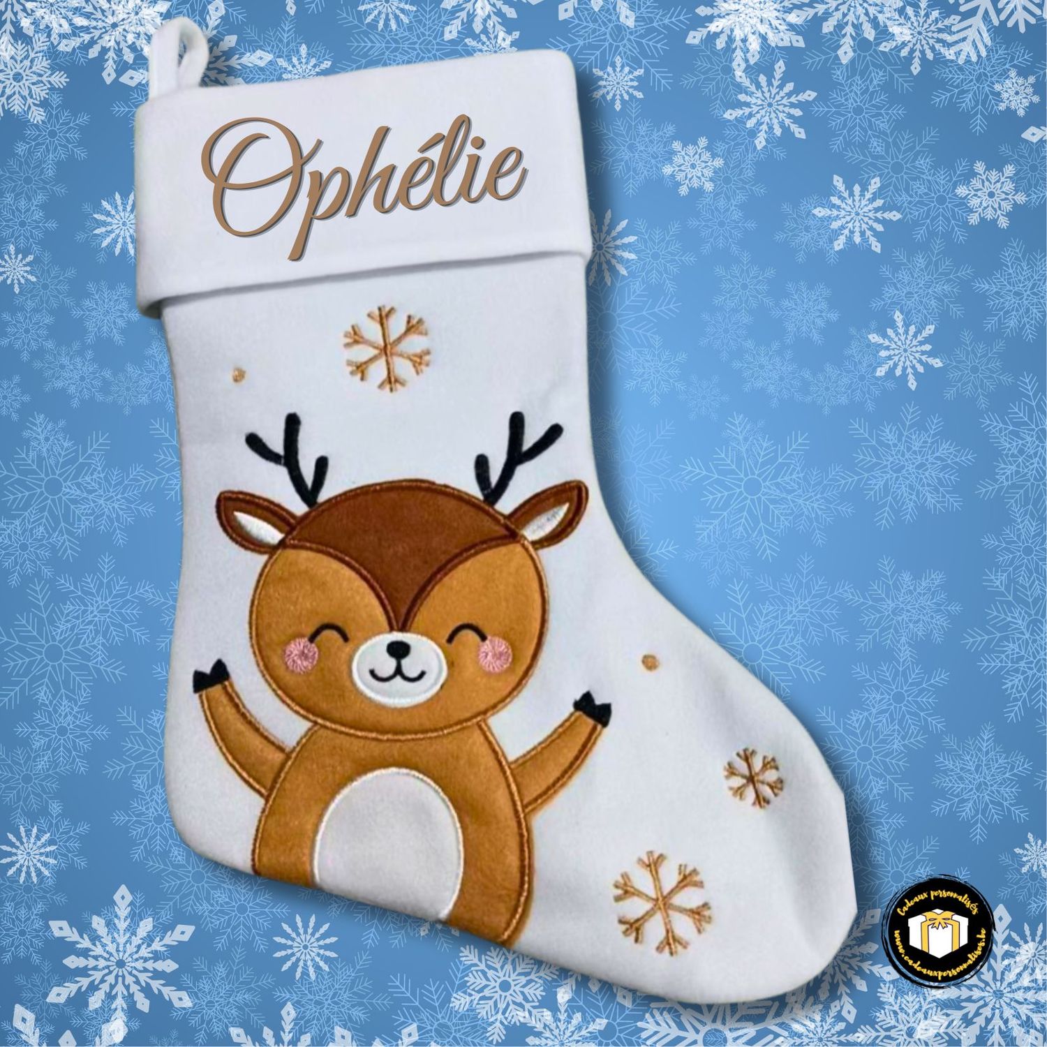 Chaussette de Noël beige avec renne personnalisée avec prénom
