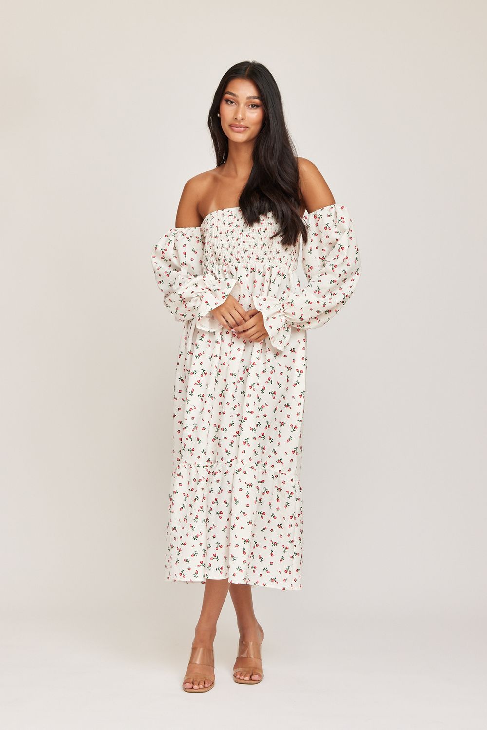 Lange offshoulder jurk - TUWA  - bloemetjesprint