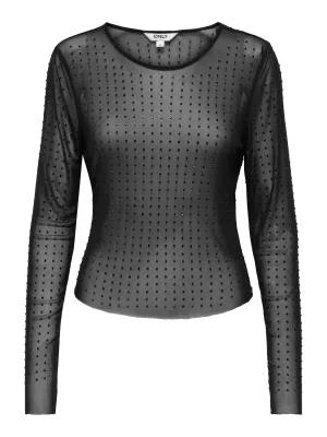 + Mesh top - HILEN - zwart met pareltjes
