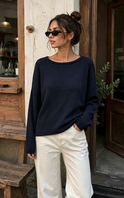 Basic top met vleermuismouw - ROMY - navy