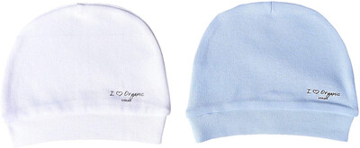 Set 2 cappellini nascita in cotone biologico azzurro/ecrù