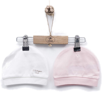 Set 2 cappellini nascita in cotone biologico rosa/ecru’ 