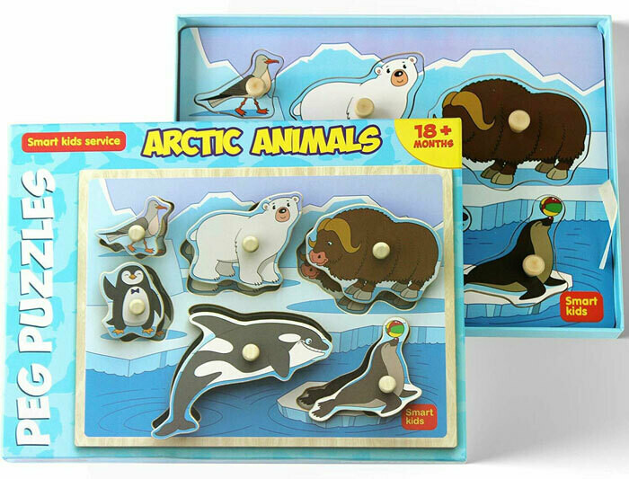 Wooden Puzzles for Toddlers Smart Kids Thick Wooden Construction with Hard Box Toddler Puzzles Set Arctic Animals 6 pcs. 