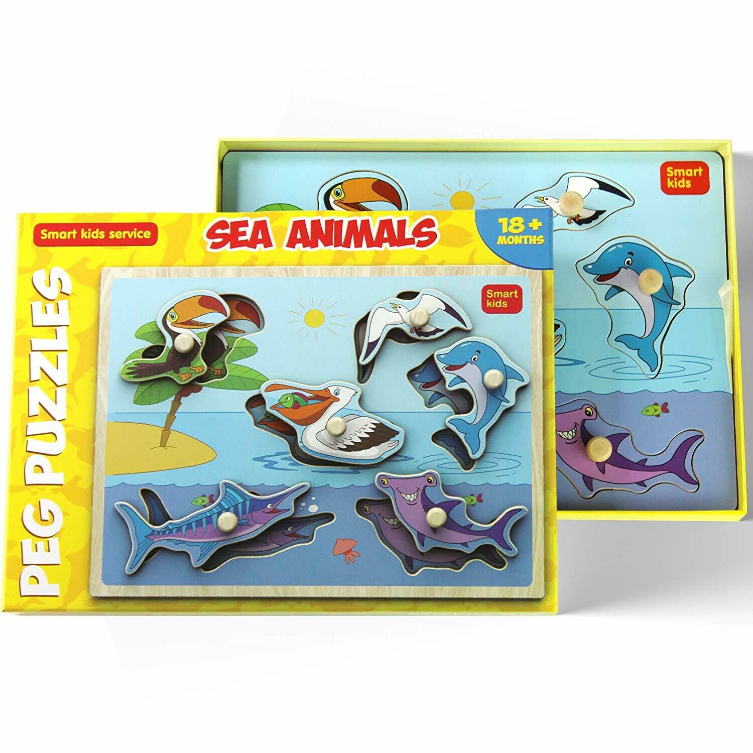 Wooden Puzzles Set Sea Animals - Thick Wooden Construction with Hard Box – 6 pcs.