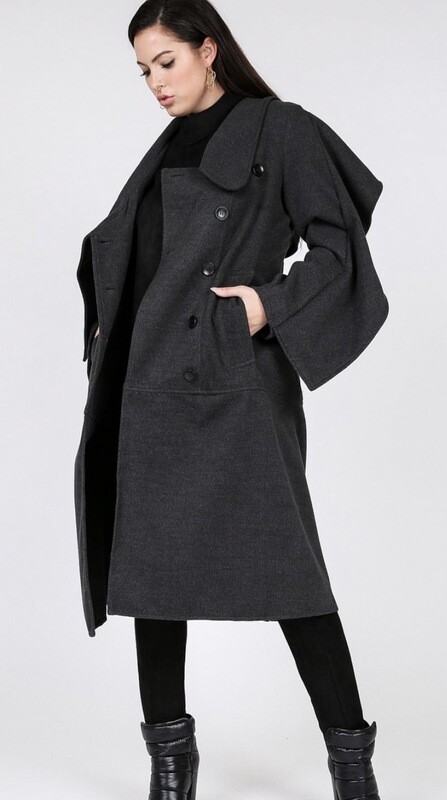 Charcoal Wide Collar Double-Breasted Buttom Coat Charcoal Wide Collar Double-Breasted Buttom Coat