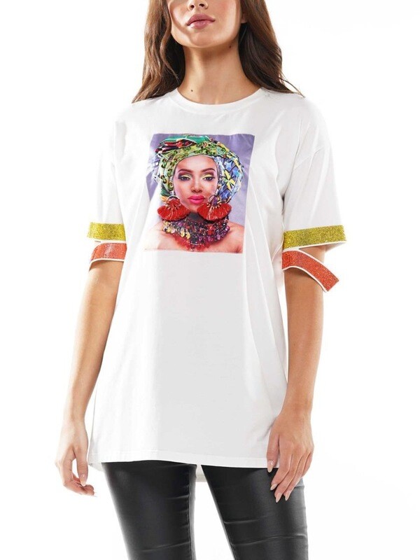 Ivory T-shirt With Orange Yellow Bling Sleeve Ivory T-shirt With Orange Yellow Bling Sleeve