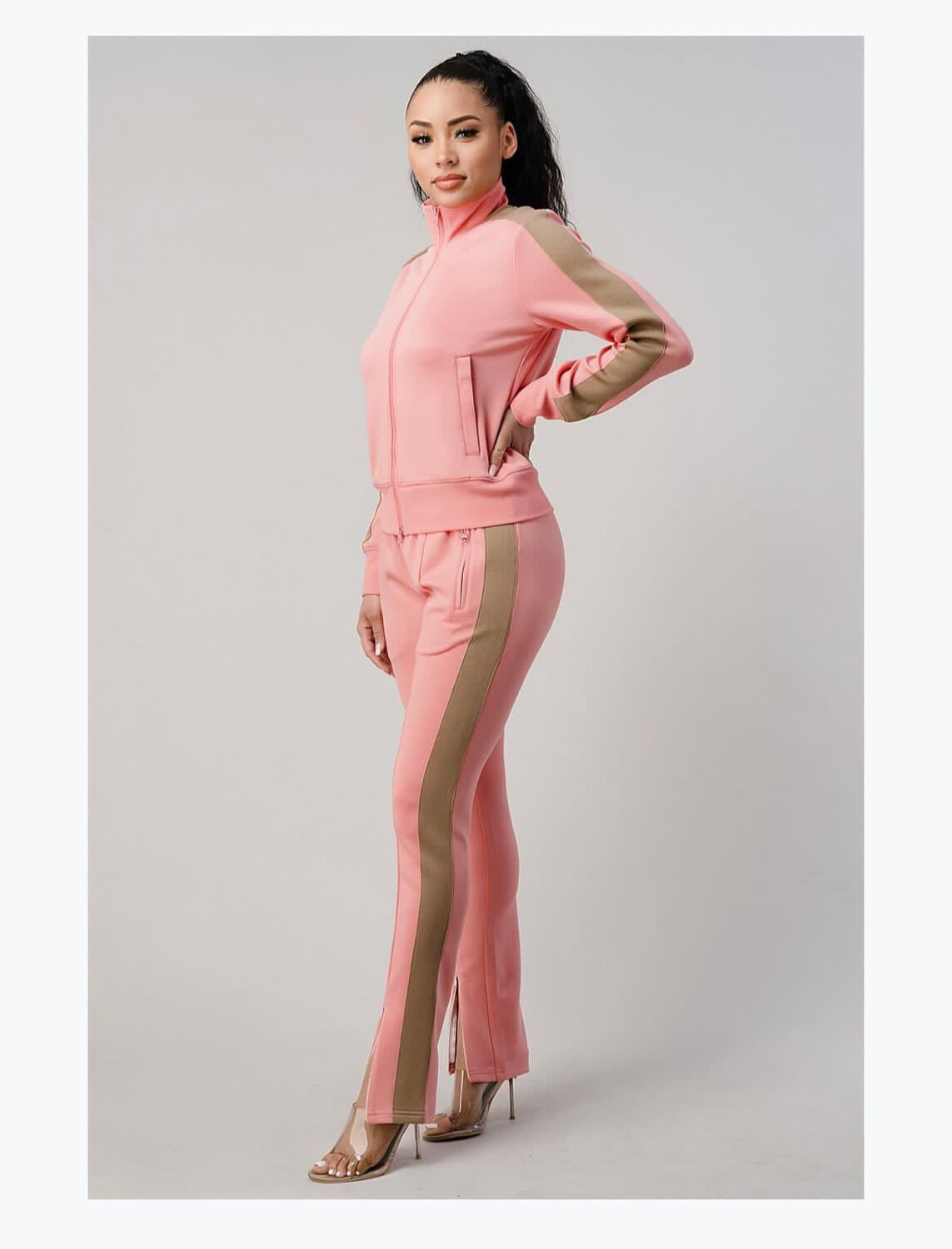 Coral With Beige Stripe Jogger Set