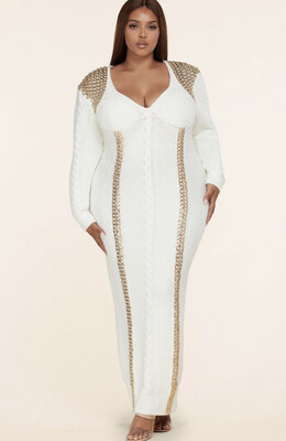 Ivory Knit Dress With Gold Chain