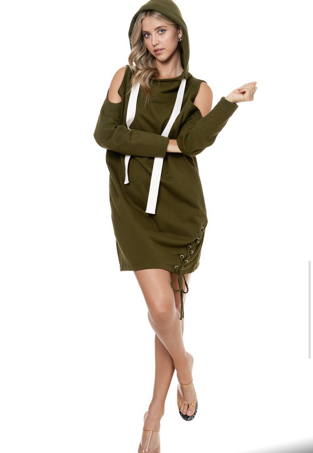 Olive Green Cold Shoulder Hood Dress/Top
