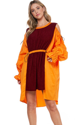 Orange / Burgundy Two Toned Cold Shoulder Dress 