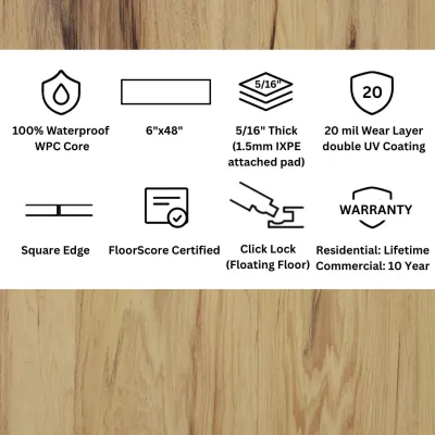 Hickory Click Lock LVP Flooring – 6x48 Plank | 20 mil Wear Layer | 8mm (5/16") | WPC Core