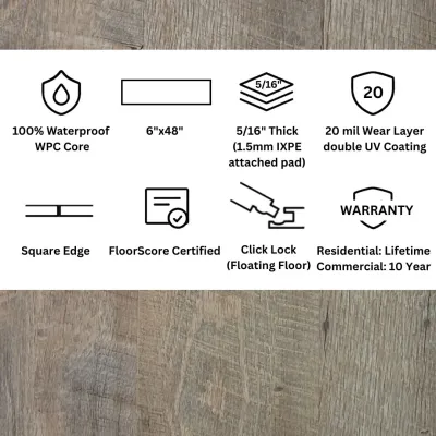 Cape Cod Grey Click Lock LVP Flooring – 6x48 Plank | 20 mil Wear Layer | 8mm (5/16") | WPC Core