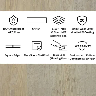 Bleached Boardwalk Click Lock LVP Flooring – 6x48 Plank | 20 mil Wear Layer | 8mm (5/16") | WPC Core