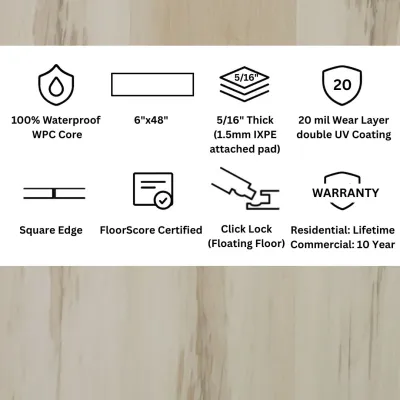 Maple Click Lock LVP Flooring – 6x48 Plank | 20 mil Wear Layer | 8mm (5/16") | WPC Core