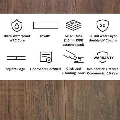Tea Party Brown Click Lock LVP Flooring – 6x48 Plank | 20 mil Wear Layer | 8mm (5/16") | WPC Core