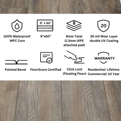 Rustic Bay Click Lock LVP Flooring – 9x60 Plank | 20 mil Wear Layer | 8mm (5/16") | WPC Core