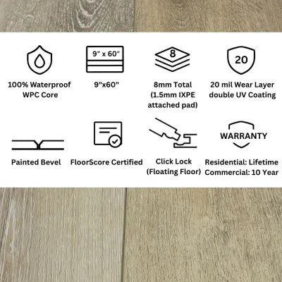 Frostline Pine Click Lock LVP Flooring – 9x60 Plank | 20 mil Wear Layer | 8mm (5/16") | WPC Core