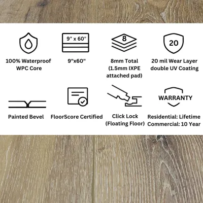 Oak Estate Click Lock LVP Flooring – 9x60 Plank | 20 mil Wear Layer | 8mm (5/16") | WPC Core