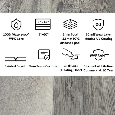 Harbor Gray Click Lock LVP Flooring – 9x60 Plank | 20 mil Wear Layer | 8mm (5/16") | WPC Core