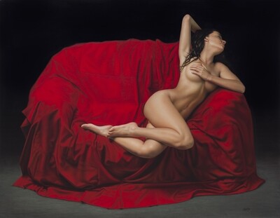 "El Drapeado Rojo Carmesí" 140 x 180 cm con Bastidor