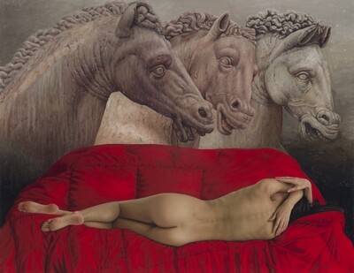 &quot;Dialogo de tres equinos&quot; 115 x 148 cm con Bastidor