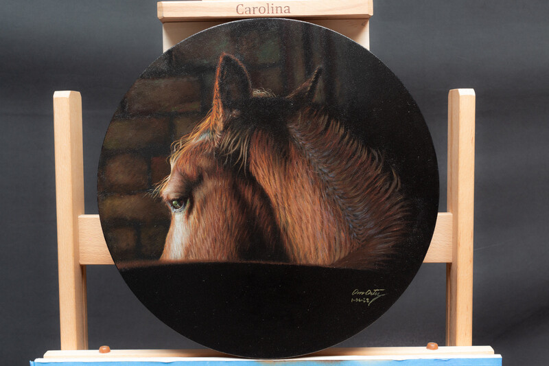 &quot;caballo marrón&quot; 40 cm diámetro Oleo sobre lino $1700 USD