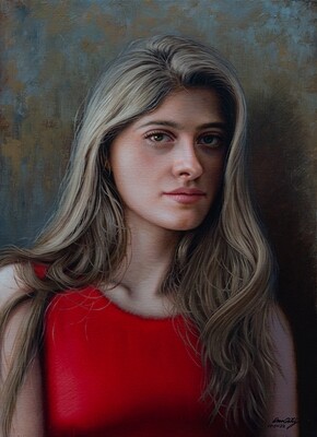 &quot;Rubia con vestido rojo&quot; 51 x 37.5 cm  Oleo sobre lino $2600 USD