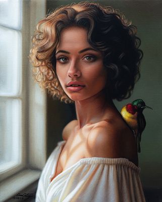 "Huitzilli al Hombro" 46.5 x 38 cm  Oleo sobre lino $2600 USD