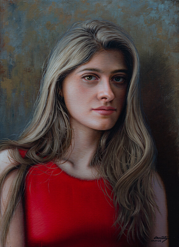 "Rubia con vestido rojo" 51 x 37.5 cm  Oleo sobre lino $2600 USD