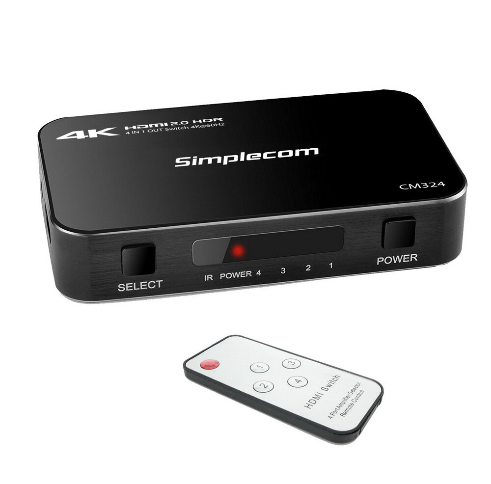 Simplecom CM324 4 Way HDMI 2.0 Switch with Remote 4 In 1 Out Splitter HDCP 2.2 4K @60Hz UHD HDR