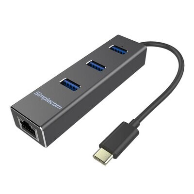 Simplecom CHN411 Aluminium USB Type C to 3 Port USB 3.0 Hub with Gigabit Ethernet Adapter Black