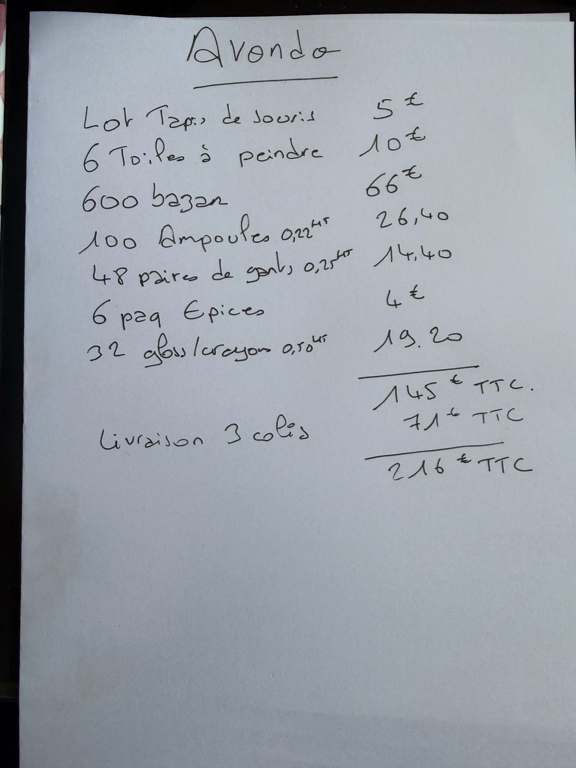 Commande mr avondo livraison comprise 