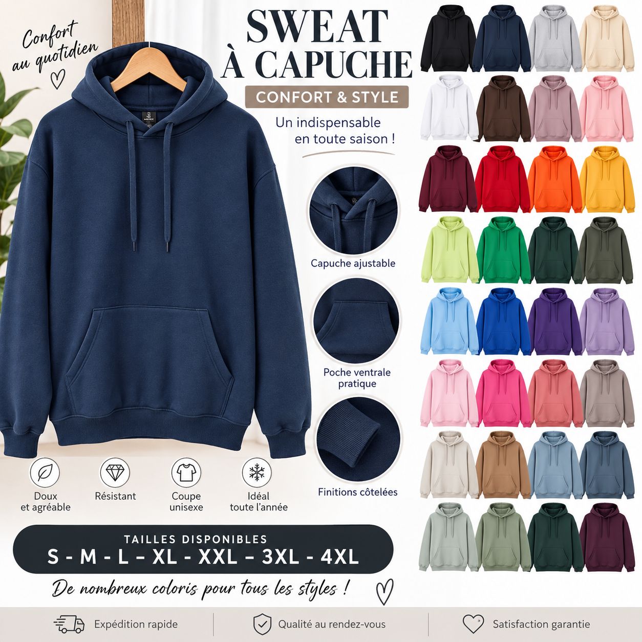 Lot de 50 Sweet capuche irregular adulte uni M a 5XL 280gr idéal sublimation personnalisation Lot de 50 Sweet capuche irregular adulte uni M a 5XL 280gr idéal sublimation personnalisation