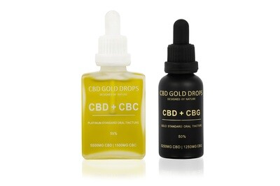 CBD GOLD DROPS BUNDLE: 
55% CBD 5500mg + CBC 1500mg 30ml 
50% CBD 5250mg + CBG 1250mg 30ml